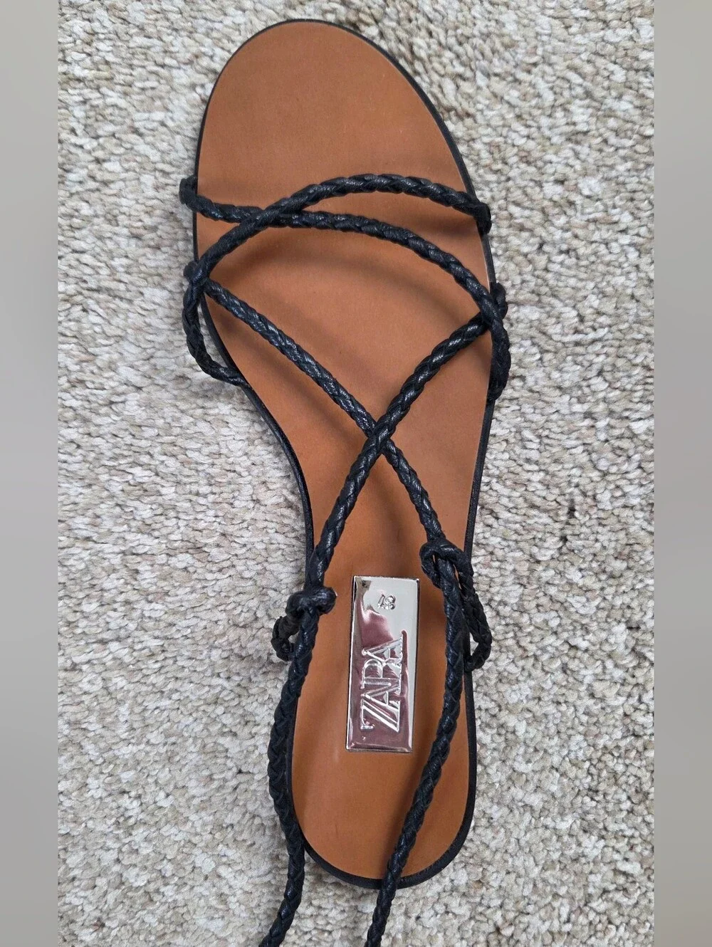 Zara Black Braided Leather Lace-Up Flat Sandals - Picture 4 of 8